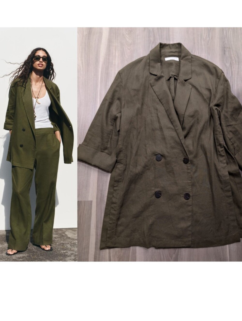 Zara | Double Breasted Linen Blend Short Sleeve Blazer In Olive